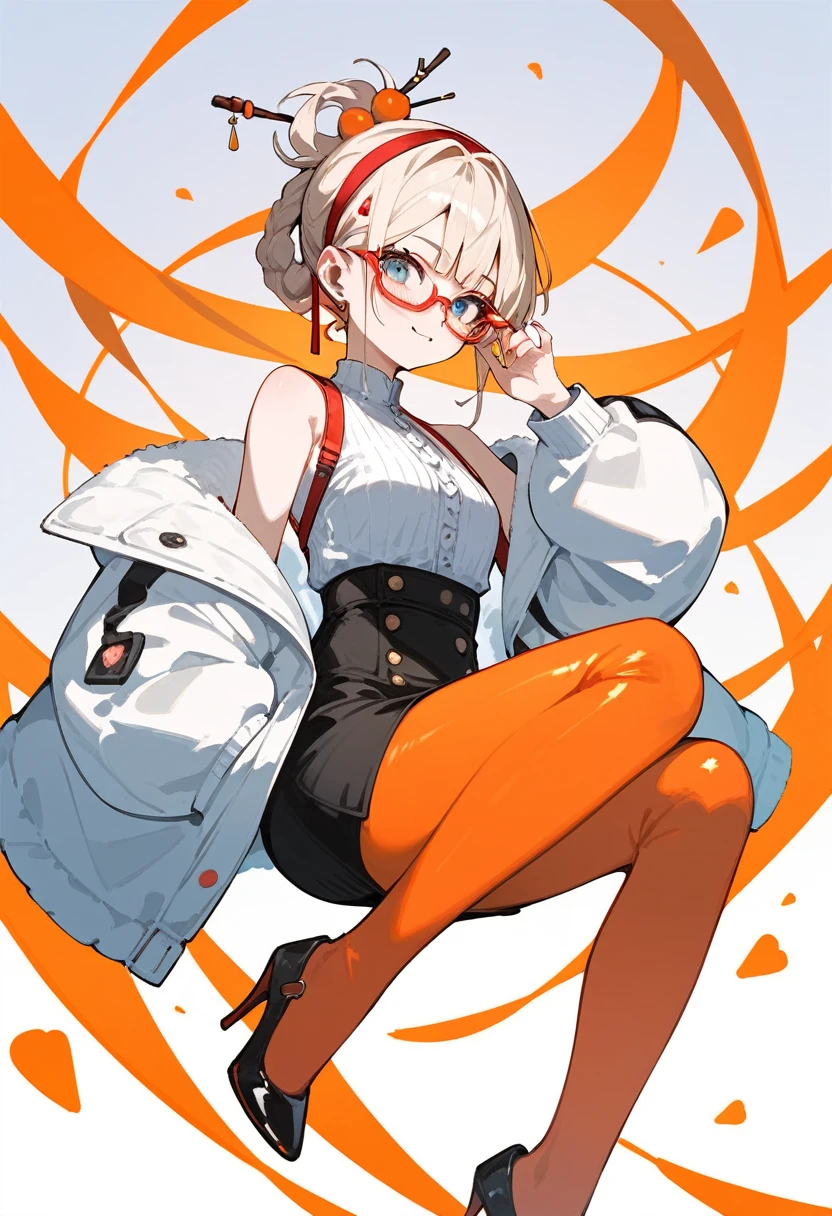 purah, 1girl, red glasses, hair ornament, hair stick, red headband, white shirt, bare shoulders, white jacket, black skirt, orange leggings, high heels, ,