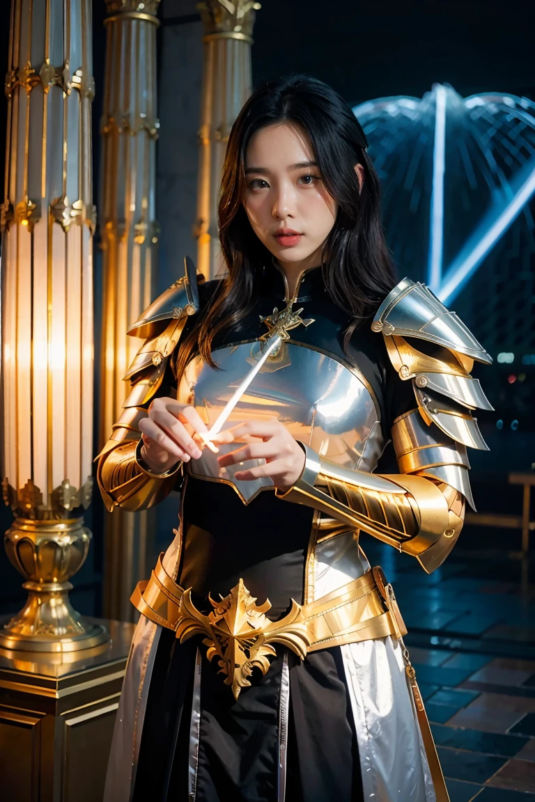 (masterpiece, best quality), A paladin holding a light infused sword, light magic, divine, magewave, silver and gold, 4k, dark cityscape, Fujifilm