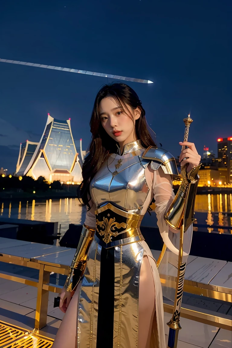 (masterpiece, best quality), A paladin holding a light infused sword, light magic, divine, magewave, silver and gold, 4k, dark cityscape, Fujifilm