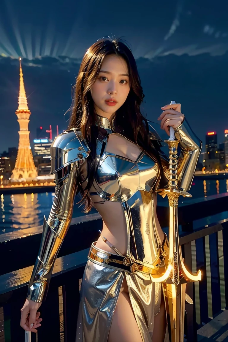 (masterpiece, best quality), A paladin holding a light infused sword, light magic, divine, magewave, silver and gold, 4k, dark cityscape, Fujifilm