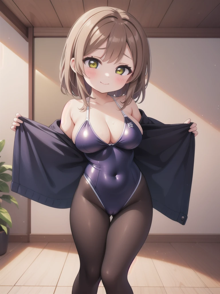 master-piece, bestquality, 1girls,, View viewers from front, HD, slight smile, big tits, cleavage, tights cloth, , tiny body, under tits cleavage, look down, sport swimsuit, stand up, kunikida hanamaru, paizuri invitation, in jacuzzi, ahegao