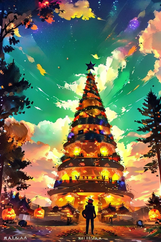 There is a big Christmas tree in the center.、There are Halloween pumpkins all around.。The tree is decorated with vibrant colors、It&#39;s shining brightly。There are little presents around the tree.、There are lots of Halloween decorations around the tree.