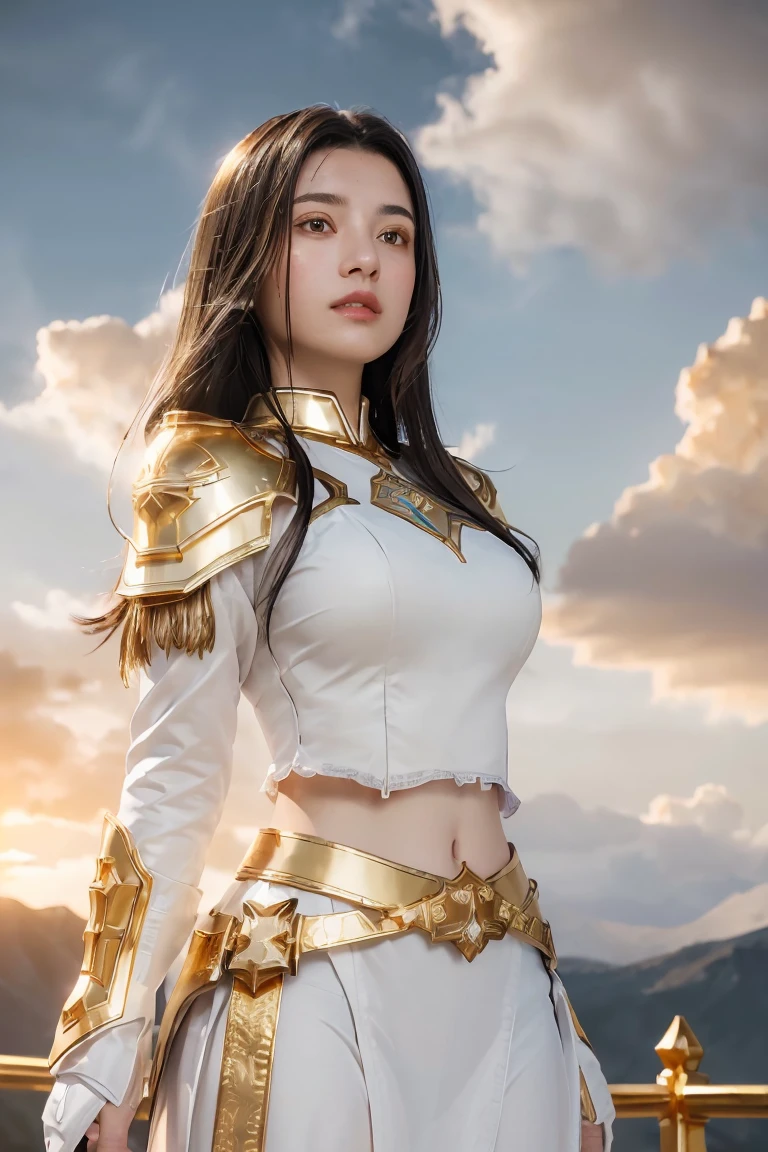 ((masterpiece, best quality, extremely detailed), volumetric lighting, ambient occlusion, colorful, glowing), 1girl, solo, young girl, (dark hair), long hair, halo, aura, sacred, goddess, cleric suit, (white outfit with gold detailst:1.3), armor, outdoors, sunset, sky, clouds, space, (fantasy theme:1.2),