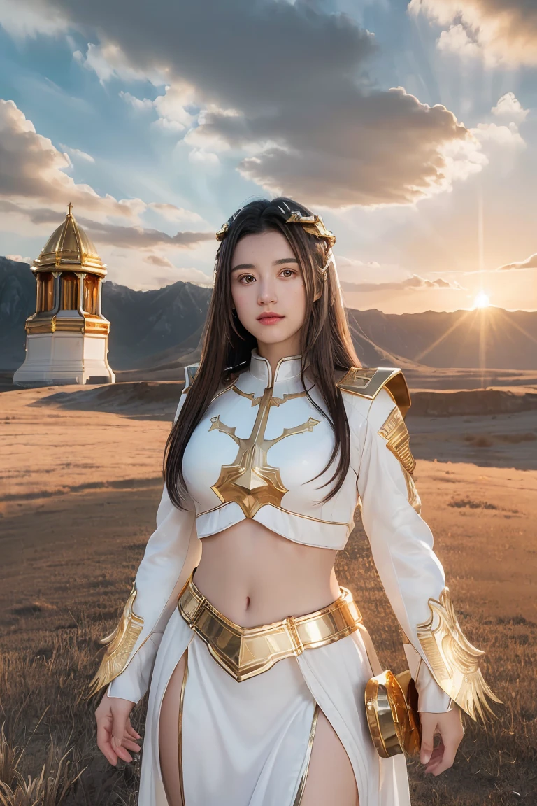 ((masterpiece, best quality, extremely detailed), volumetric lighting, ambient occlusion, colorful, glowing), 1girl, solo, young girl, (dark hair), long hair, halo, aura, sacred, goddess, cleric suit, (white outfit with gold detailst:1.3), armor, outdoors, sunset, sky, clouds, space, (fantasy theme:1.2),