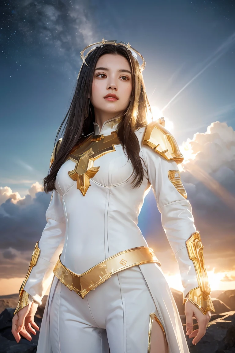 ((masterpiece, best quality, extremely detailed), volumetric lighting, ambient occlusion, colorful, glowing), 1girl, solo, young girl, (dark hair), long hair, halo, aura, sacred, goddess, cleric suit, (white outfit with gold detailst:1.3), armor, outdoors, sunset, sky, clouds, space, (fantasy theme:1.2),