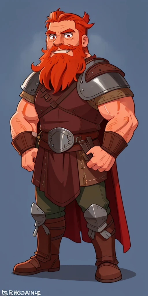 Ingólfr Einarr is a 40-year-old red-haired Viking man with a full beard, outgoing, muscular and very attractive, who wears his imposing medieval armor. hyper detailed and super realistic. haircut style with tail back and braided beard, orange-reddish color. cartoon style