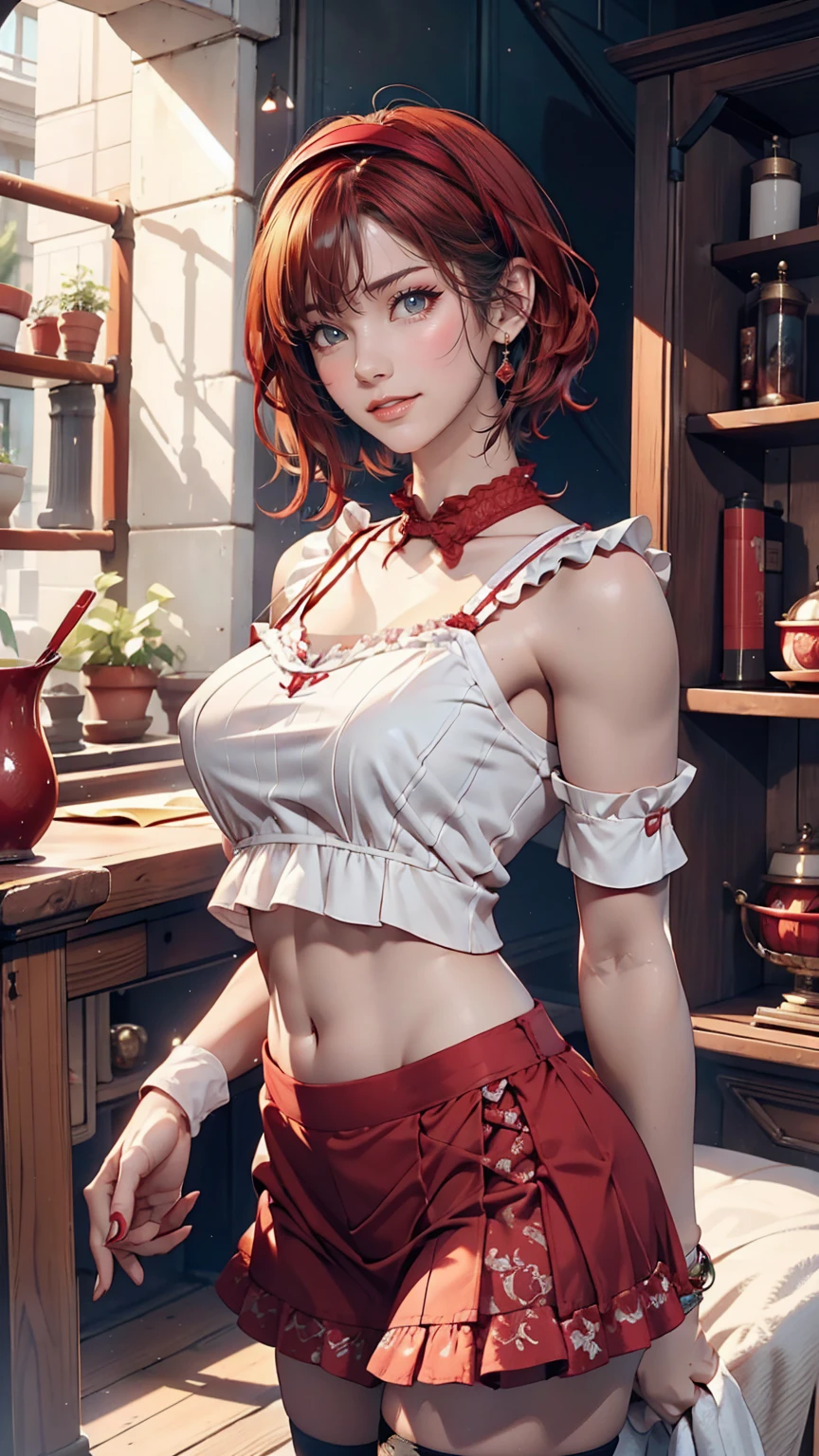 24-year-old female、Sexy proportions、Sexy、Narrow waist、Red hair、Pixie Cut、hair band、Wear a high-necked top decorated with frills、No sleeve、Wear a miniskirt、Wear high socks、smile