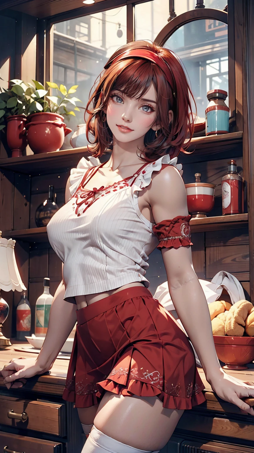 24-year-old female、Sexy proportions、Sexy、Narrow waist、Red hair、Pixie Cut、hair band、Wear a high-necked top decorated with frills、No sleeve、Wear a miniskirt、Wear high socks、smile、Choker