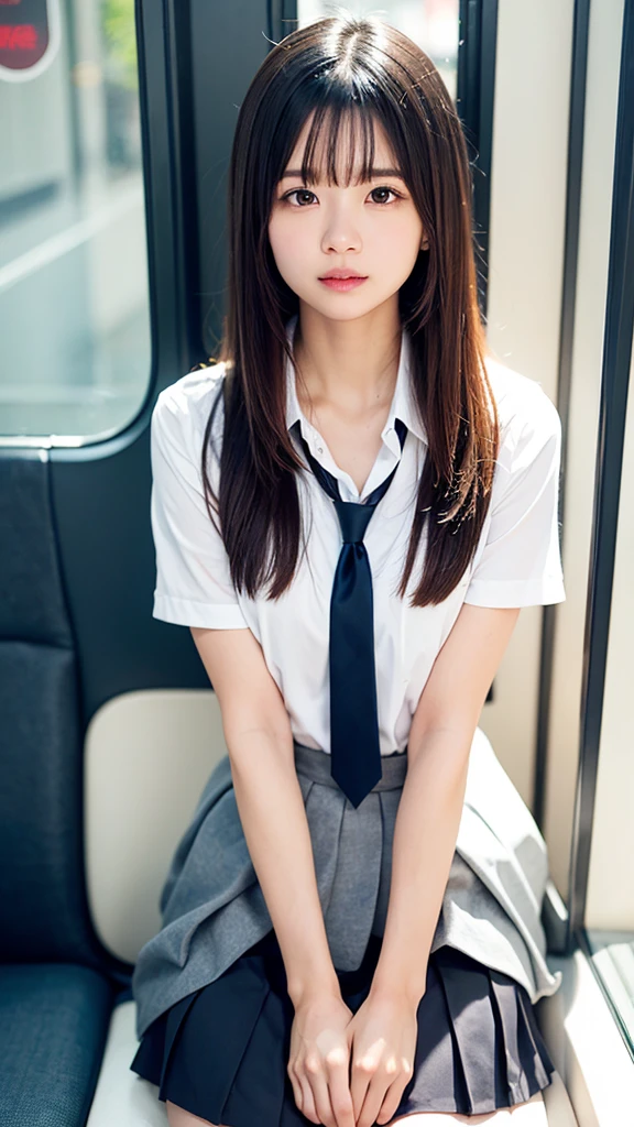 ((Roll up your skirt)), Pleated skirt, blush, Round face, (Droopy eyes), blush, ((((Embarrassed face)))) ((Spread your legs))In the bus、Sitting in a seat on the bus、beautiful girl、(真面目そうなbeautiful girl)Light brown hair、((Pussy))、Straight hair、((Shyly showing her pussy))、Embarrassing to be seen by people