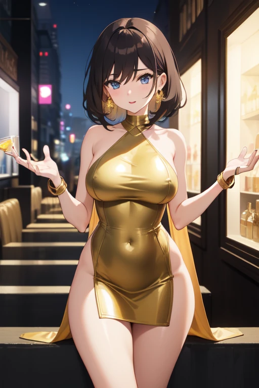 creates a 24-year-old anime girl with a gold-colored gala dress and a miniskirt with wide hips and breasts in a landscape of a luxurious and famous party hall