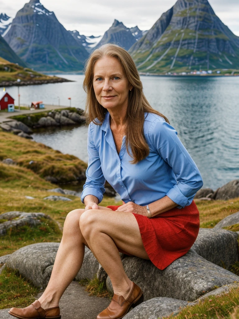 Liv Ullman, her name is Freydis, high quality, 1 old woman, ((50-year-old SLIM dutch woman)), ((50 years old)), (((wrinkled body))), ((((old body)))), (((LONG HAIR))), (((no make up))), (pale skin), (((blue eyes))), she is wearing stylish COLORFUL SUNDRESS wear different colors, POSE: SITTING DOWN, classy, BACKGROUND: outdoor: Lofoten Islands: Quaint fishing villages with traditional red or yellow wooden cabins (rorbuer) along the shoreline.