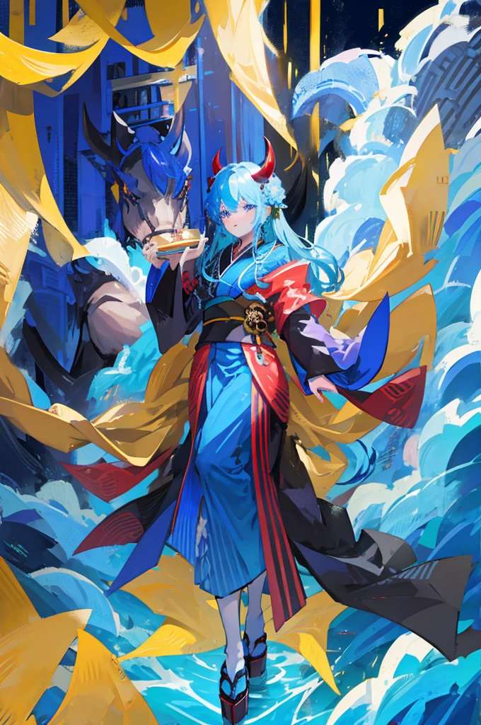 One woman、Blue Skin、Very long hair、Yellow Eyes、Devil horns、Japanese Kimono、Black kimono