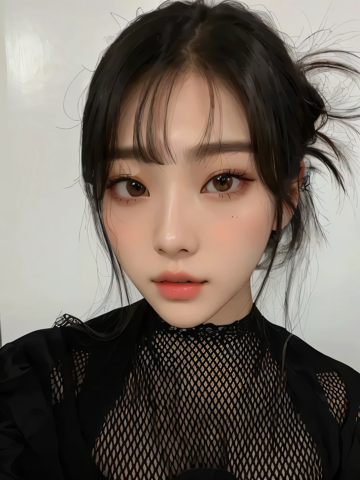 a closeup of a woman wearing a black top and a black shirt, pale korean adorable face, ulzzang, young and adorable korean face, jinyoung shin, with round face, lalisa manobal, heonhwa choe, she has black hair with bangs, with a cute face - fine, Beautiful young Korean woman, Jaeyeon Nam Giselle de Aespa giselle aespa Giselle from aespa