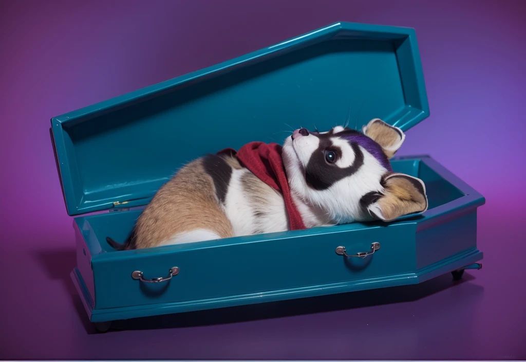This image features a cartoonish raccoon character lying in a blue coffin. The raccoon is dressed in a purple outfit with a red scarf and has a black mask painted on its face. The character appears to be peacefully resting with its eyes closed. The scene is set against a gradient blue background, which enhances the somber yet whimsical nature of the image. The bright colors of the raccoon's outfit and the coffin create a striking contrast, adding to the surreal and imaginative quality of the scene.
