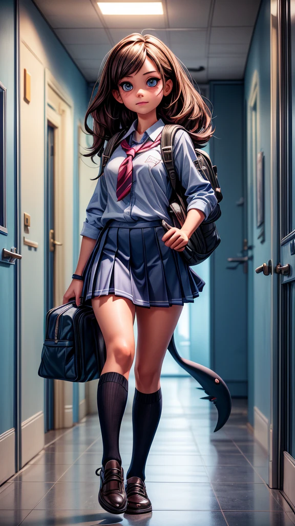 a beautiful shark girl in a school uniform, detailed facial features, beautiful eyes, detailed hair, dark blue school uniform, walking through a school hallway, backpack, realistic lighting, photorealistic, high quality, 8k, vivid colors, dynamic pose, concept art style