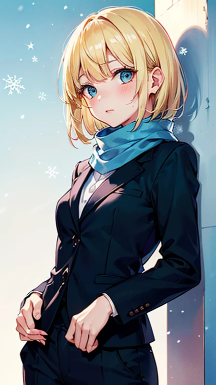 (AkiyamaYukari:1.25),
One Woman,
(Blonde:1.5),
(short,)Bobcut,
Early 20 years old,Natural skin texture,Narrow waist,Thin type,
(Asian Skin:1.9),Height: 168cm,Japanese Girl,,
Yellow eyes,Small breasts,Dressed securely,
((((business suit:Winter)))),
(((Business Pants:Winter))),
((Black scarf:Cold protection)),
(Black tie),
((ID photo:1.8,Plain cerulean blue background:1.6,Capture your subject from the front)),
expression(Puzzled),upright posture,Closed Mouth,Open eyes,blush,Cold,
Natural depiction,
Beautiful depiction,
Shiny eyes,
Healthy Body,
Natural hairstyle,
Natural body contours,
Natural facial contours,
(Five fingers)Absolute depiction,Symmetrical fingers,
Two arms,
Two legs,
Sharp eyelid depiction,
Symmetrical eyes,Symmetrical eyes,
Keep the subject in the center,Expand the upper body,
Beautiful image quality,
Delicate shades,
4K,Very detailed,
Delicate light adjustment,
Delicate contour drawing,