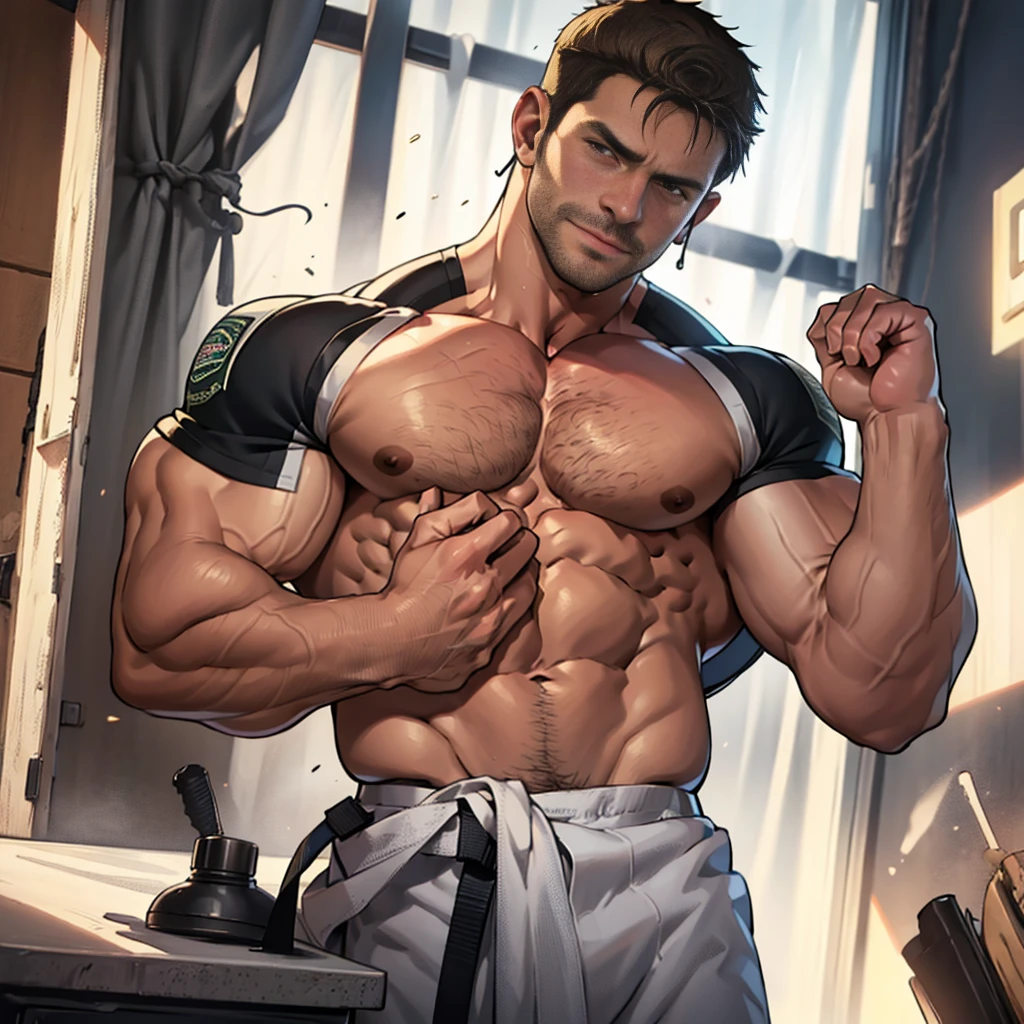 Nsfw,1 man, solo, 40 years old, Chris Redfield,totally naked showing nipples and a hard cock, looking at the camera,spread legs, (soft smirk), tall and hunk, biceps, abs, best quality, masterpiece, high resolution:1.2, upper body shot, background curtains