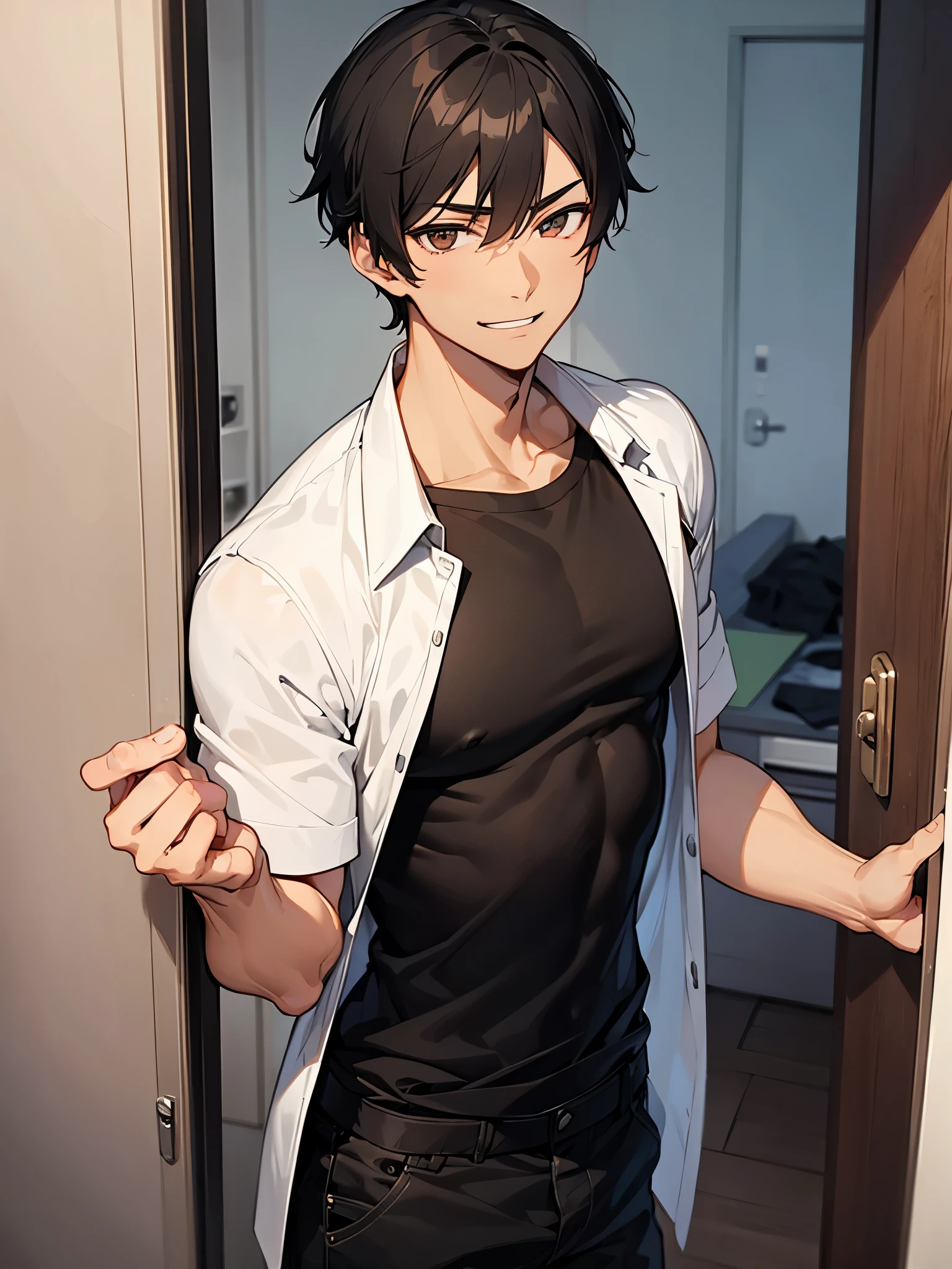 1 male、A slim, muscular man with short black hair wearing a black shirt opened the door to the apartment.、Brown skin、Smiling、1 male後ろに金髪の男が立っている、White shirt