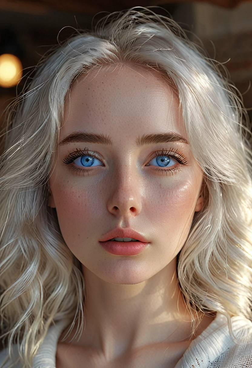 (perfect details), (extremely fine and beautiful:1.1), beautiful face, beautiful light ice blue eyes, (detailed face, detailed eyes:1.2), realistic skin textures, detailed pouty lips, pale skin, shiny white hair, (add layer:1.2), dynamic angle, scenery MM, dramatic lighting, volumetric lighting, golden hour, masterpiece, best, quality, exotic pale Girl, hd. Realistic, 8k, hyper realistic details