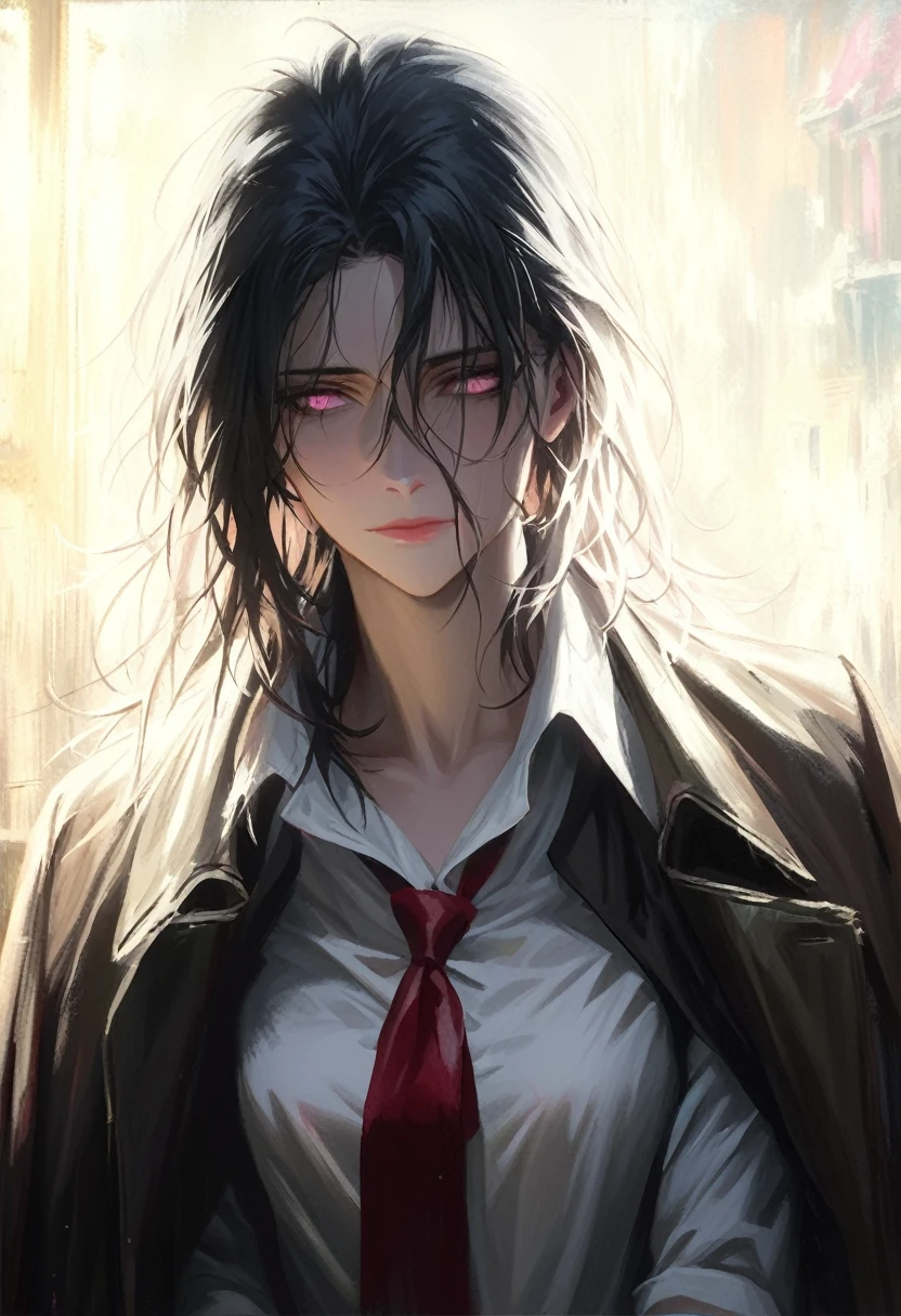 ((adult)), (woman), ((tall)), Moses from distortion detective, masterpiece, best quality, dark aura, short black hair with white strips, (messy hair) , light pink eyes, plain white shirt, coat over shoulders, white shirt, messy red necktie, (faint smile), realistic anime style, (oil painting), dark old manor background, night, impasto.
