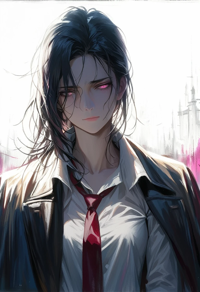 ((adult)), (woman), ((tall)), Moses from distortion detective, masterpiece, best quality, dark aura, short black hair with white strips, (messy hair) , light pink eyes, plain white shirt, coat over shoulders, white shirt, messy red necktie, (faint smile), realistic anime style, (oil painting), dark old manor background, night, impasto.
