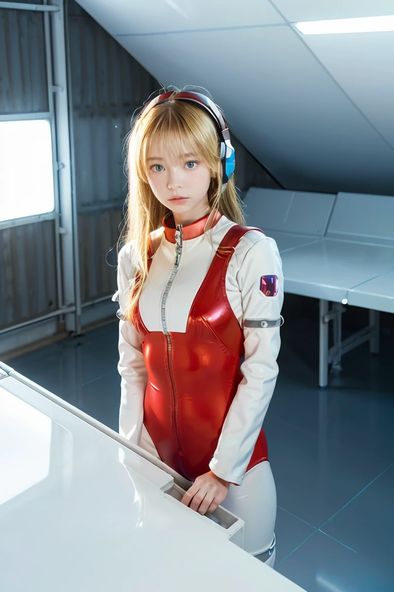 (Overhead view),dynamic angle,ultra-detailed, illustration, close-up, straight on, 1girl, 
 ((souryuu asuka langley, interface headset, red bodysuit:1.4, blonde)),Her eyes shone like dreamy stars,(glowing eyes:1.233),(beautiful and detailed eyes:1.1),(expressionless,closed mouth),(standing), 
(mechanic room with toolsand spaceship windowin a white SPACESHIP),
(night:1.2),dreamy, [[delicate fingers and hands:0.55]::0.85],(detail fingers),