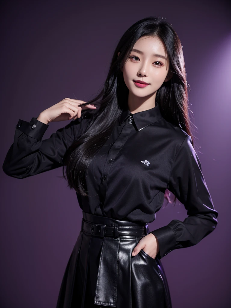 1 girl,((beautifull)),((realism)),korean girl,black long hair,dark purple shirt with collars, long sleeve, black skirt, tie, belt, standing, smile,neckless,model,purple background