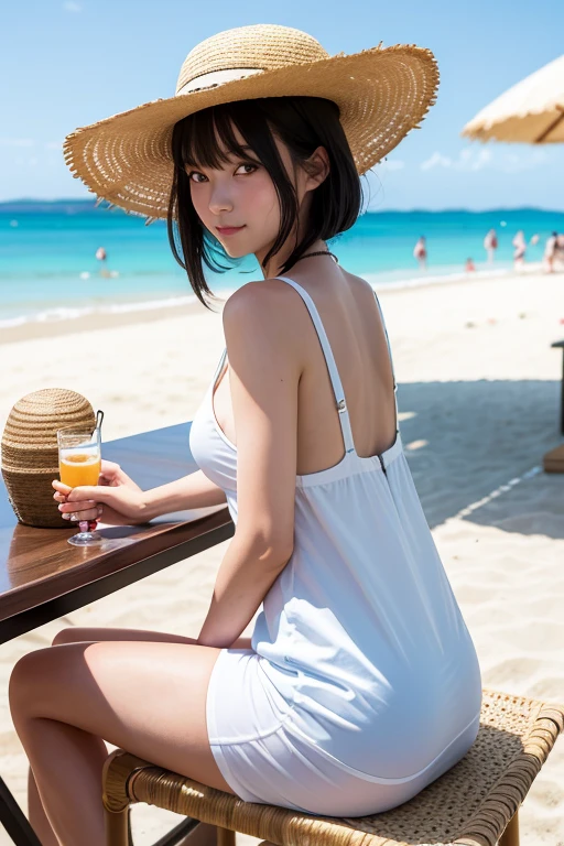 (High Definition), One Girl, Japan Person, Cute, Black hair long, Wearing Summer Dress White, exposing front zipper bra-top Baby-blue, Big straw Hat, leaning Side table, Walking on Board walk at Beach Side, looking side glance, spread legs, show woman shape, Straddling a chair, a glass of drink on a table, Natural lighting