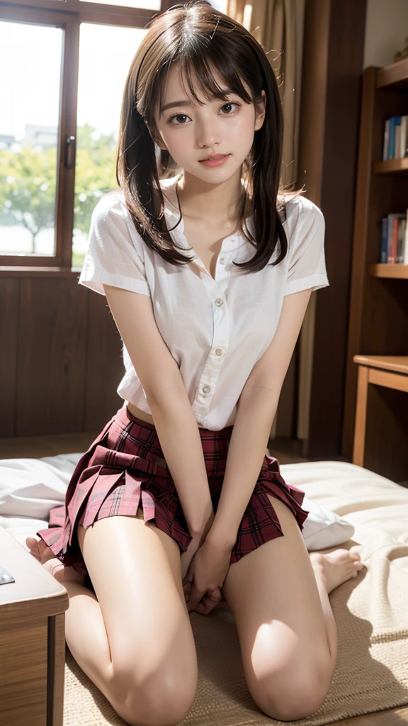 Sit in a study chair,15 years old,(loli:1.0),elementary student、young,(Plaid pleated skirt),flat breast,Pupils,teens girl,A dark-haired,delicate and body,in a my house、frontage、Looking here、full bodyesbian、white socky room,bed,desk,chair,book,pc、( light smile:1.0),(skinny:1.2),beautiful girl,akb48,nogizaka46,(short twintails:1.1),,(full-face blush:1.5),,open legs,kneel up,(fullnude:1.0),(show pussy:1.0