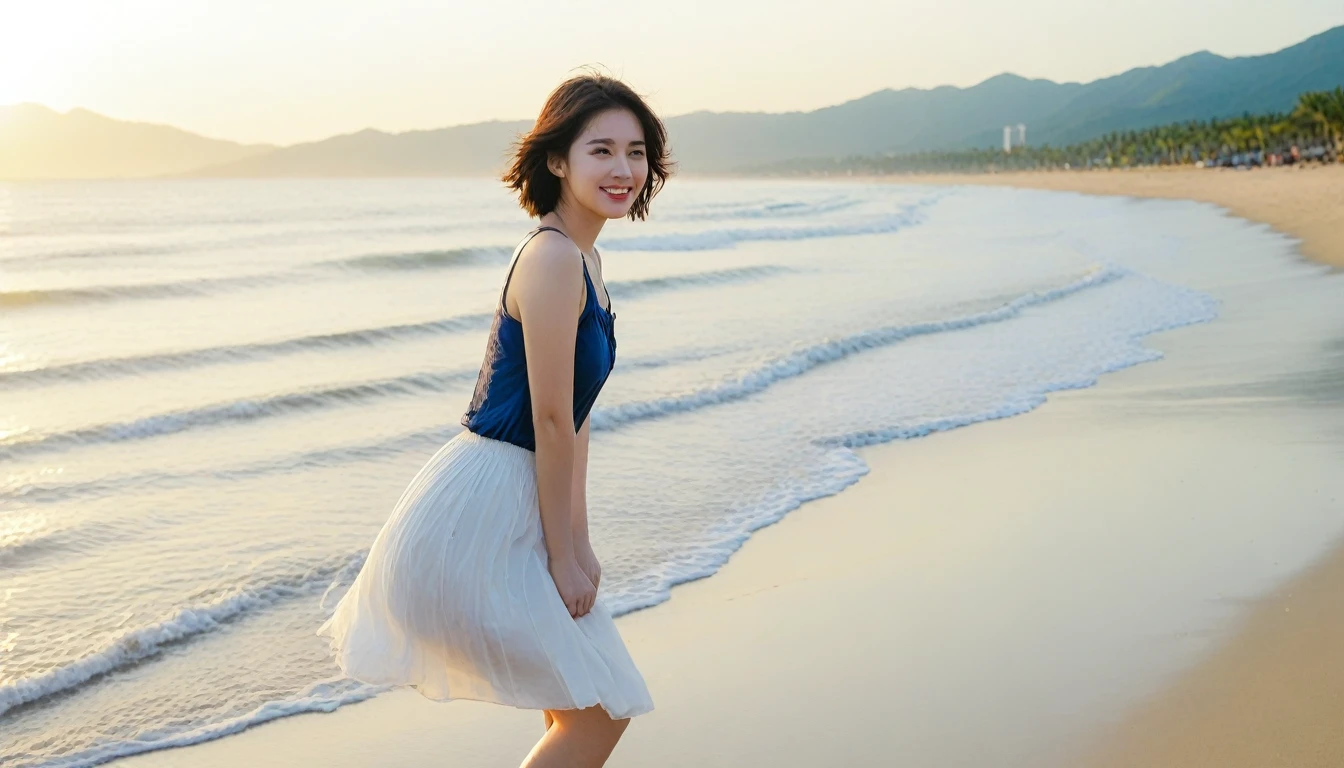 Beautiful Korean Woman, Chest size 34 inches, Wear sleeveless, light skirts, Looking at the sea from the beach at sunset. beautiful pretty woman look , wearing a light skirt , Go far into the sea water and soak your feet, wet,blue sky bright sun light, Short medium hair blowing in the wind, 1 woman, beautiful eyes, A slight smile, Beach with waves in Danang, Vietnam, palm trees visible, Taken from afar with a wide angle lens