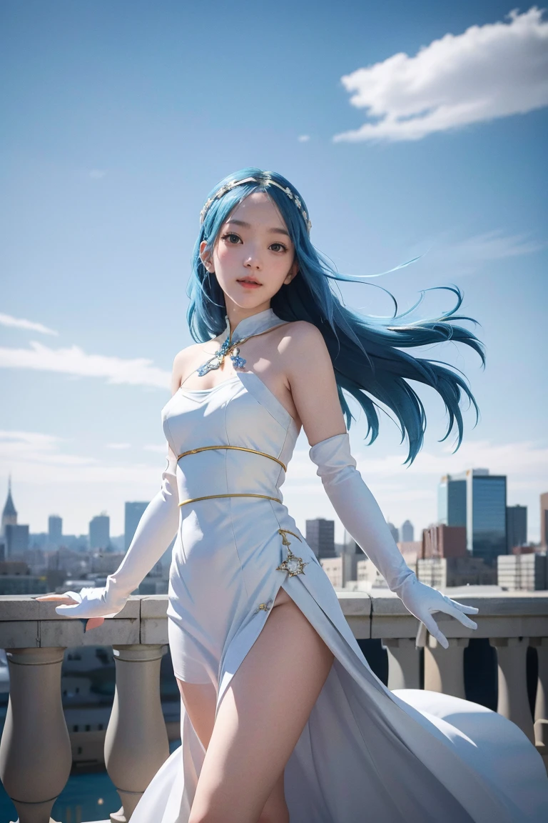 1girl, highres, masterpiece, solo, anime, absurdres, detailed face, perfect eyes, azura (fire emblem), upper body, full body, white dress, jewelry, white gloves, cityscape, holding, staff, singing