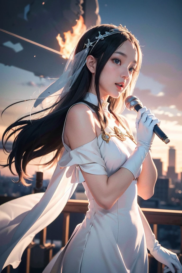 1girl, highres, masterpiece, solo, anime, absurdres, detailed face, perfect eyes, azura (fire emblem), upper body, full body, white dress, jewelry, white gloves, cityscape, holding, staff, singing