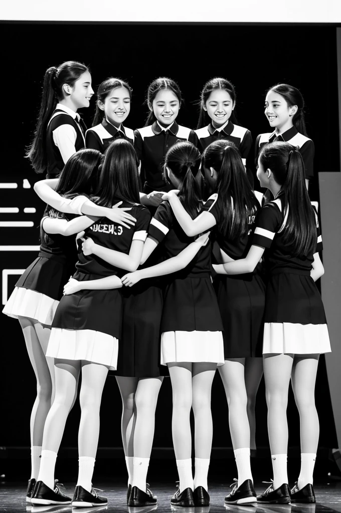 Six girls hugging each other in black and white uniforms on the stage. In the background, the word "ALLIPSIS" must appear on the screen. They are not facing the camera. Instead, they are looking at the screen ((best quality)), ((masterpiece)), (detailed), 