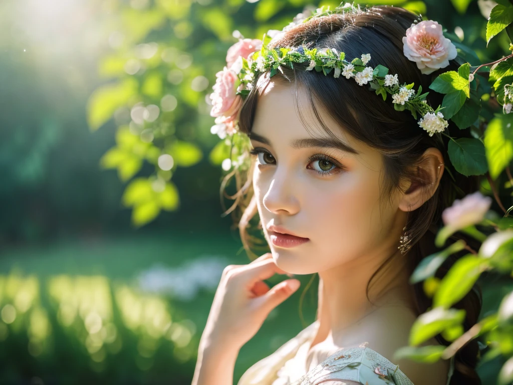 A girl in a garden,beautiful detailed eyes,beautiful detailed lips,extremely detailed eyes and face,longeyelashes,elegant dress,floral headpiece,petals,vines,flowers,lush greenery,nature,natural lighting,vibrant colors,fantasy,digital art,(best quality,4k,8k,highres,masterpiece:1.2),ultra-detailed,(realistic,photorealistic,photo-realistic:1.37),intricate details,soft focus,painterly,cinematic lighting