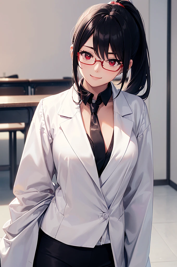 (masterpiece; best quality: 1.2), (finely detailed eyes: 1.3), ((25 year old woman)), ((solo)), (red eyes: 1.4), (body; gorgeous, lithe, femenine: 1.3), (black hair in low-ponytail: 1.3), (beautiful and clear background: 1.2), ((depth of field)), (equipment: white unbuttoned labcoat + black shirt + white tie + white pants + black square glasses: 1.3), (anime illustration: 1.2), (background composition; japanese highschool classroom + furniture: 1.1), (extremely fine and beautiful: 1.1), (shot composition; standing + centered on torso + close-up: 1.5), (expression; calm, smile: 1.2)