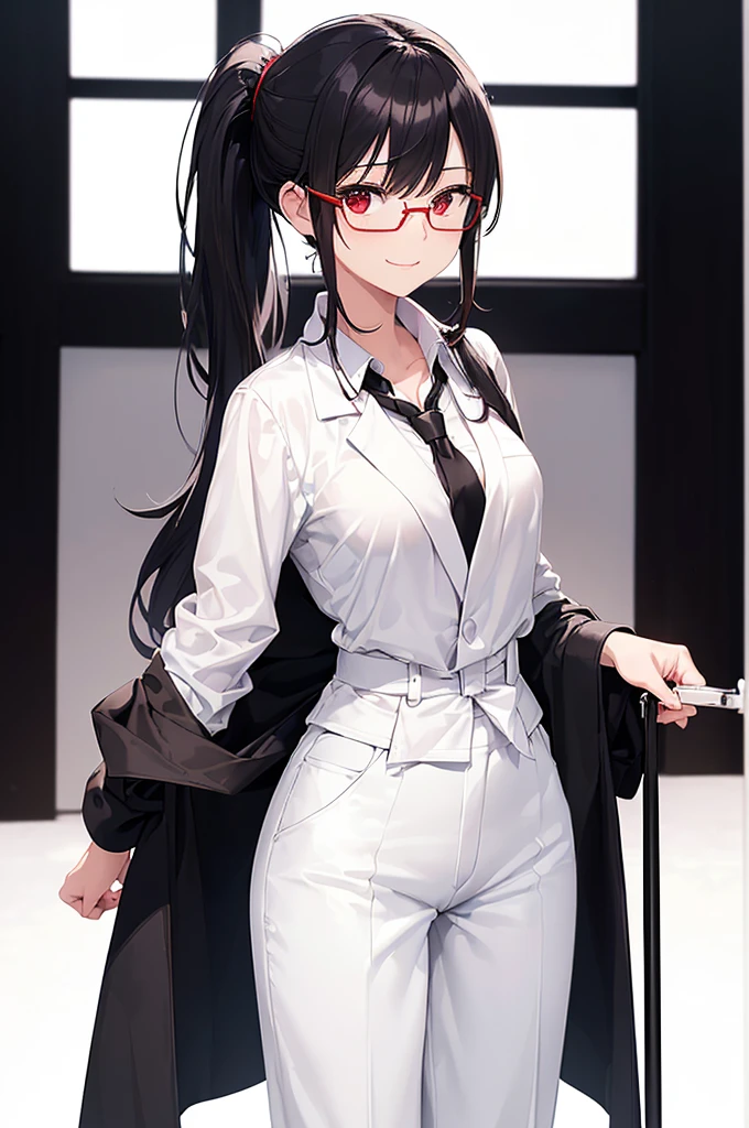 (masterpiece; best quality: 1.2), (finely detailed eyes: 1.3), ((25 year old woman)), ((solo)), (red eyes: 1.4), (body; gorgeous, lithe, femenine: 1.3), (black hair in low-ponytail: 1.3), (beautiful and clear background: 1.2), ((depth of field)), (equipment: white unbuttoned labcoat + black shirt + white tie + white pants + black square glasses: 1.3), (anime illustration: 1.2), (background composition; japanese highschool classroom + furniture: 1.1), (extremely fine and beautiful: 1.1), (shot composition; standing + centered on torso + close-up: 1.5), (expression; calm, smile: 1.2)