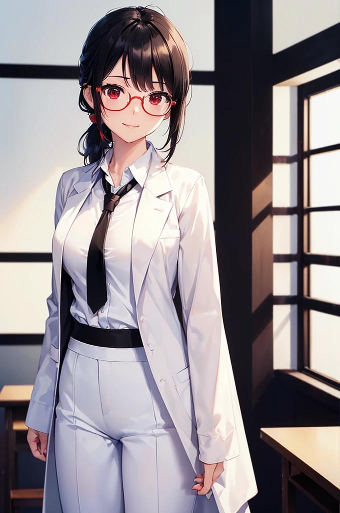(masterpiece; best quality: 1.2), (finely detailed eyes: 1.3), ((25 year old woman)), ((solo)), (red eyes: 1.4), (body; gorgeous, lithe, femenine: 1.3), (black hair in low-ponytail: 1.3), (beautiful and clear background: 1.2), ((depth of field)), (equipment: white unbuttoned labcoat + black shirt + white tie + white pants + black square glasses: 1.3), (anime illustration: 1.2), (background composition; japanese highschool classroom + furniture: 1.1), (extremely fine and beautiful: 1.1), (shot composition; standing + centered on torso + close-up: 1.5), (expression; calm, smile: 1.2)