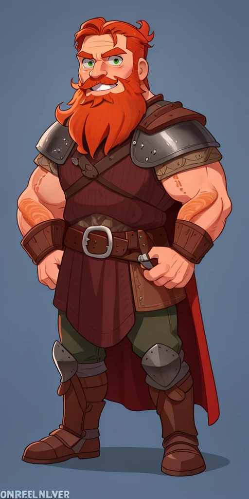 Ingólfr Einarr is a 40-year-old red-haired Viking man with a full beard, outgoing, muscular and very attractive, who wears his imposing medieval armor. hyper detailed and super realistic. haircut style with tail back and braided beard, orange-reddish color. cartoon style