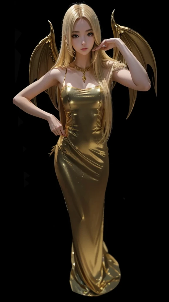 A perfectly beautiful girl, blonde straight hair, long gold dress, golden dragon wings.