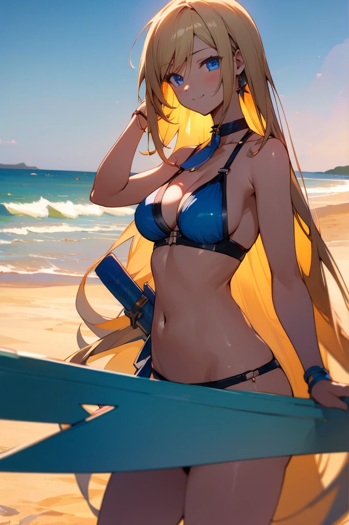 (masterpiece:1.3), (best quality:1.1), (8k, ultra detailed, ultra high res:1.2), ((anime style)), (perfect 5 fingers:1.1), perfect anatomy, 
1girl,
BREAK long hair, 
blonde hair, 
blue eyes, 
medium breasts,  
bikini, 
BREAK looking at viewer, wariza, standard weight, 
cowboy shot, 
smile, 
BREAK perfect light, detail background, perfect light, outdoors, outside, sea, sky, summer, 