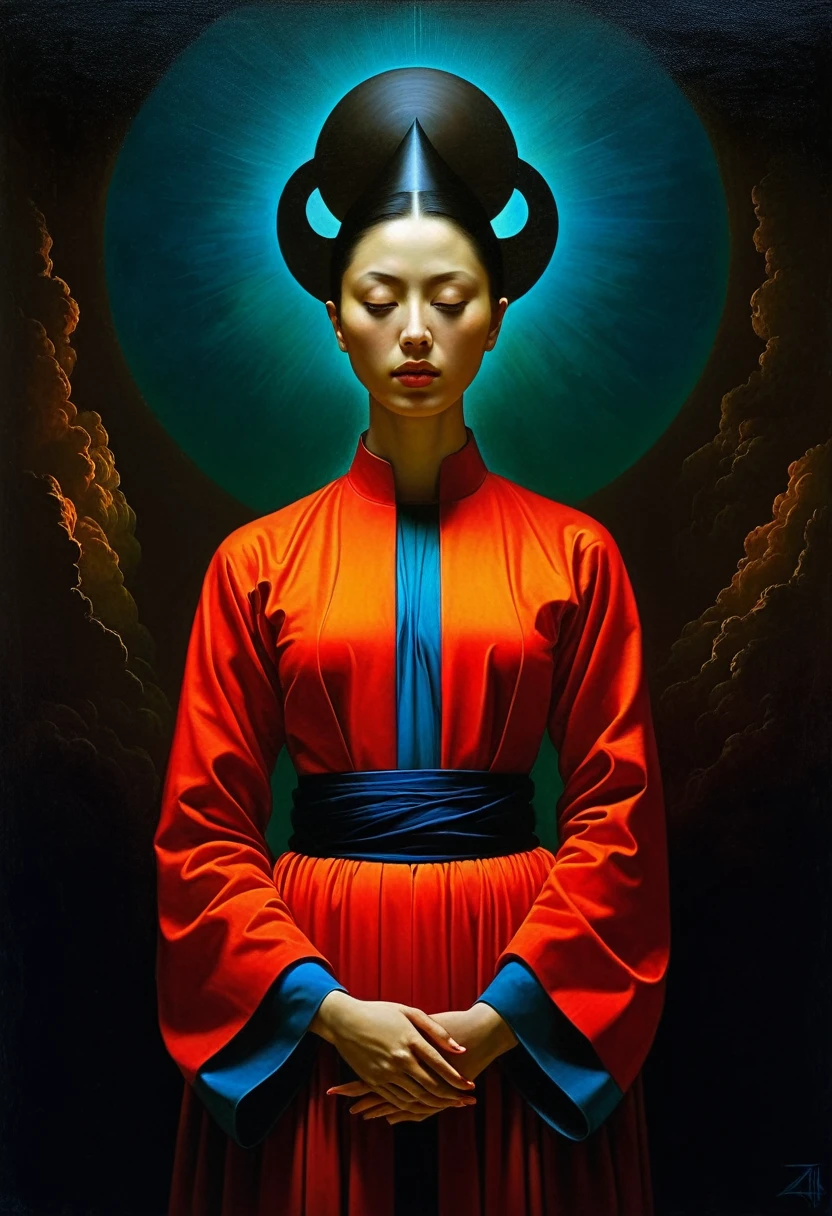Iconic Lady in the Dark with bright colors,but extremely beautiful,masterpiece,religion, The Minimalists,Mysterious surrealism, Solid color ,Gorgeous,complicated,Michael Curtis Style,Caravaggio style,Digital artwork by Beksinski,Zhao Liying,Liu Shishi