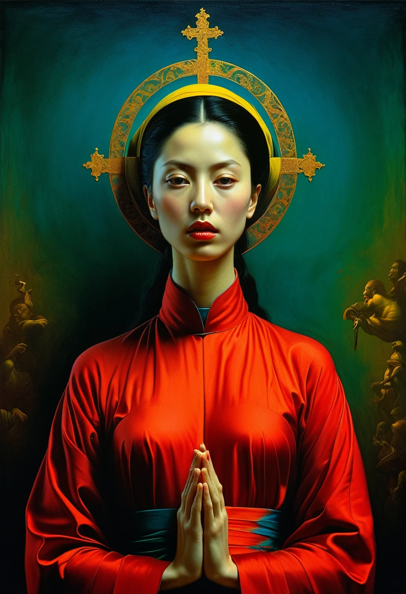 Iconic Lady in the Dark with bright colors,but extremely beautiful,masterpiece,religion, The Minimalists,Mysterious surrealism, Solid color ,Gorgeous,complicated,Michael Curtis Style,Caravaggio style,Digital artwork by Beksinski,Zhao Liying,Liu Shishi