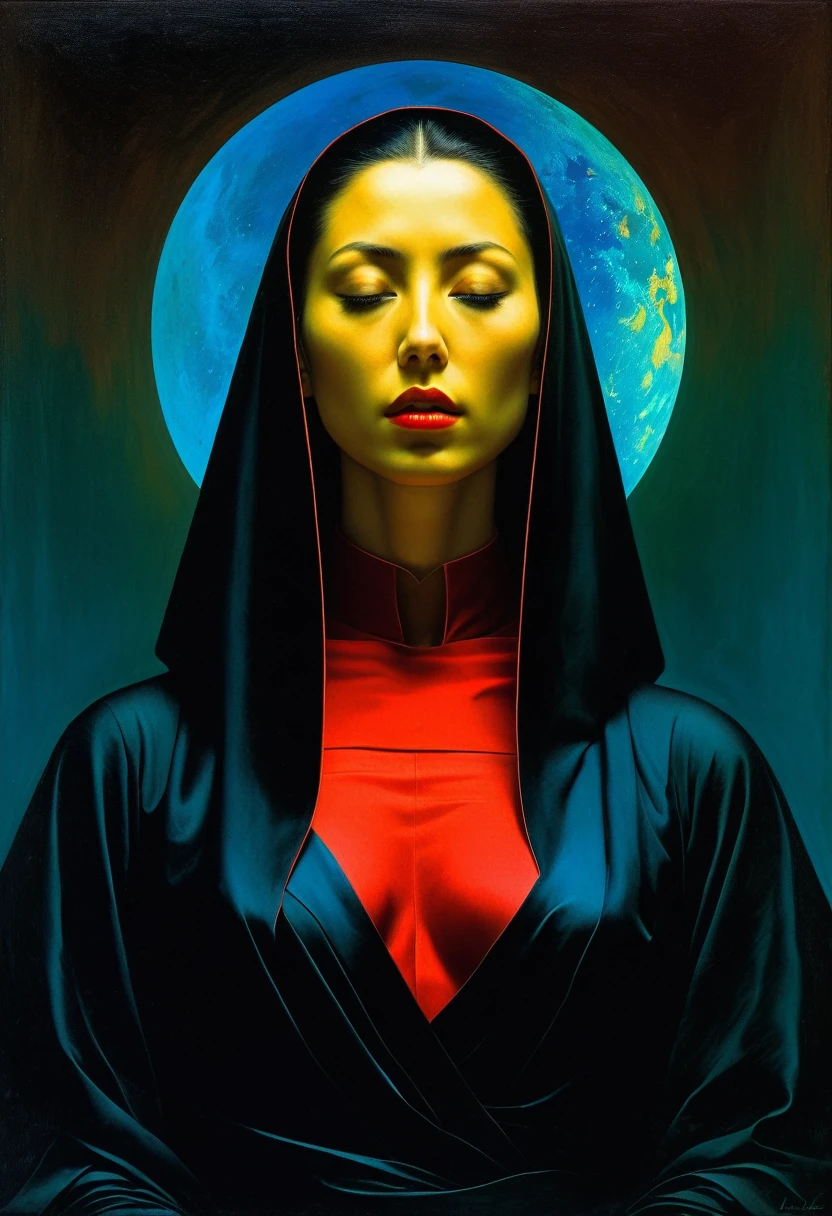 Iconic Lady in the Dark with bright colors,but extremely beautiful,masterpiece,religion, The Minimalists,Mysterious surrealism, Solid color ,Gorgeous,complicated,Michael Curtis Style,Caravaggio style,Digital artwork by Beksinski,Zhao Liying,Liu Shishi