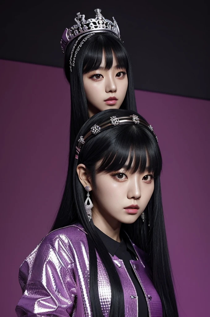 korean girl like a kpop member girl group, itzy’s checkmate photoshoot concept,black long hair with blunt bangs, hiphop and baddass style, royalty violet outfit, checkmate background, and just like the previous photo