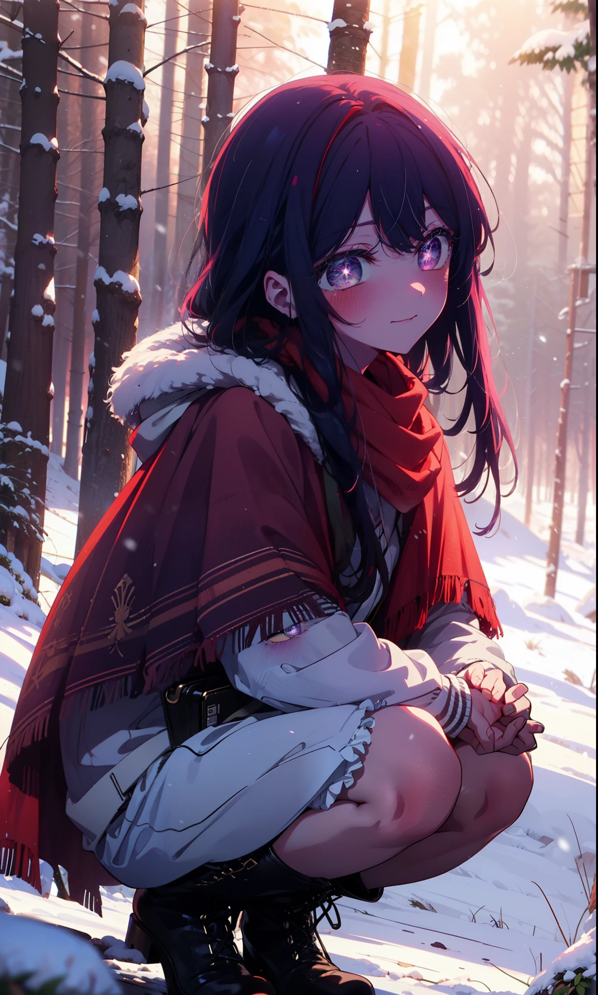 aihoshino, Ai Hoshino, Long Hair, bangs, (Purple eyes:1.1), Purple Hair, (Symbol-shaped pupil:1.5), smile,,smile,blush,White Breath,
Open your mouth,snow,Ground bonfire, Outdoor, boots, snowing, From the side, wood, suitcase, Cape, Blurred, , forest, White handbag, nature,  Squat, Mouth closed, Cape, winter, Written boundary depth, Black shoes, red Cape break looking at viewer, Upper Body, whole body, break Outdoor, forest, nature, break (masterpiece:1.2), Highest quality, High resolution, unity 8k wallpaper, (shape:0.8), (Beautiful and beautiful eyes:1.6), Highly detailed face, Perfect lighting, Extremely detailed CG, (Perfect hands, Perfect Anatomy),