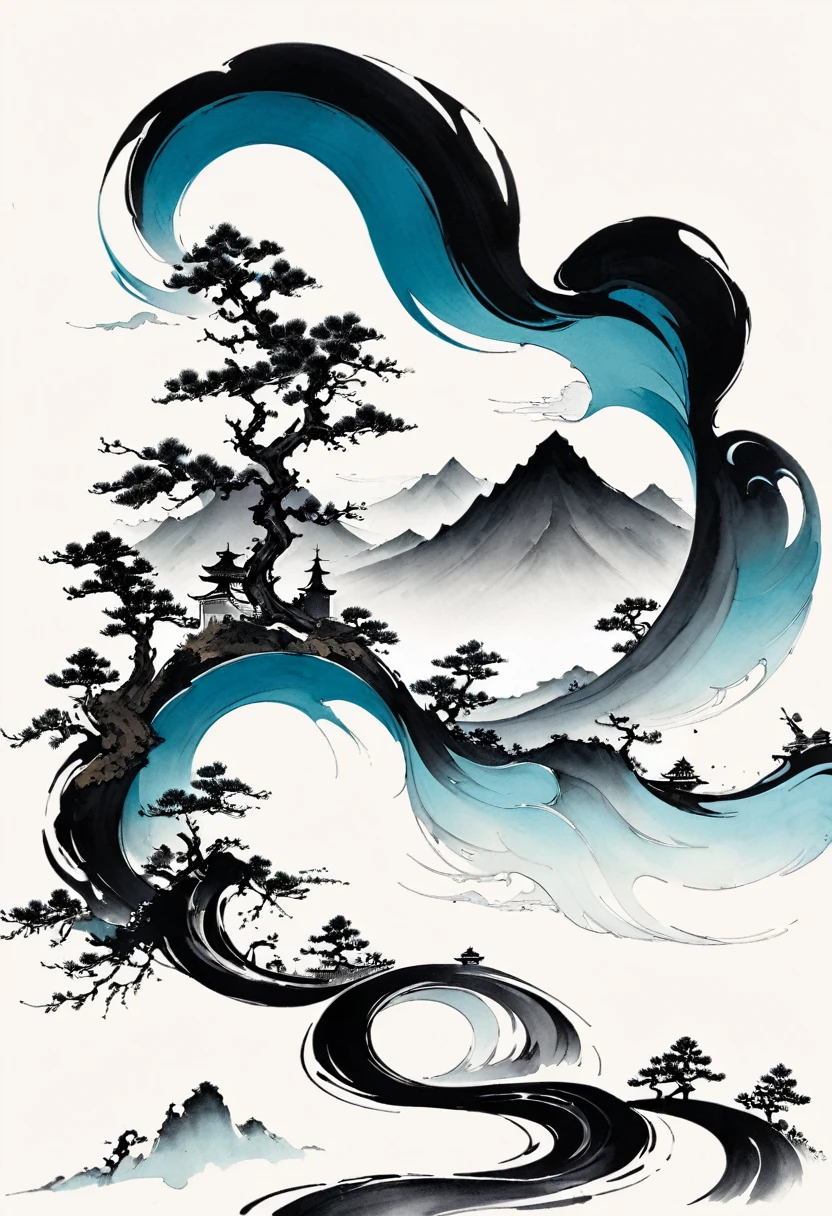 中国Ink Painting, Cyan and White, Minimum, Wire, White background,Mountain Road, Minimalism, Wire性风格, Huge negative space, Ink Painting, Abstract