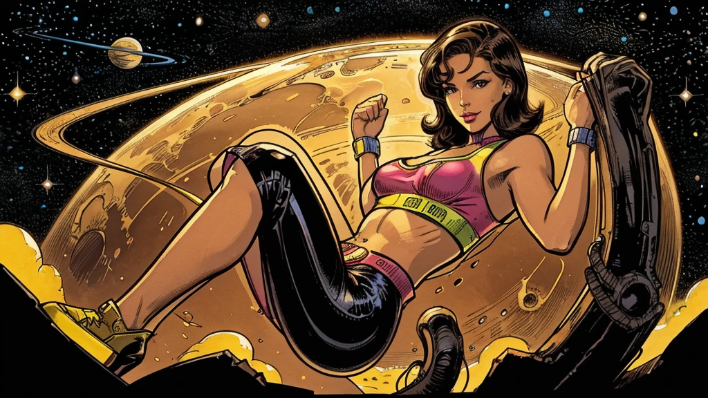 a cute, slender, aerobics instructor, very short STRAIGHT brown hair, very short STRAIGHT brown hair, very short STRAIGHT brown hair, very short STRAIGHT brown hair, very short STRAIGHT brown hair, brown eyes, dimples, sexy pose; wearing a tight coverall, in an alien environment, space, planets, spaceships, creatures, tentacles, retro comics 1950s, neon colors, lots of bright popping colors, bright, contrasting colors