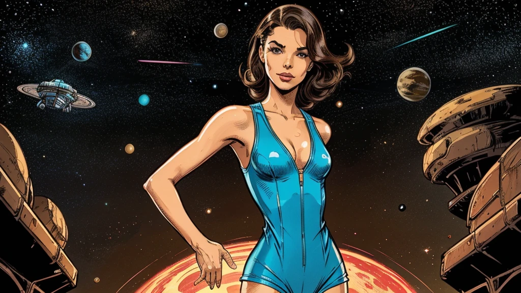a cute, slender, aerobics instructor, very short STRAIGHT brown hair, very short STRAIGHT brown hair, very short STRAIGHT brown hair, very short STRAIGHT brown hair, very short STRAIGHT brown hair, brown eyes, dimples, sexy pose; wearing a tight coverall, in an alien environment, space, planets, spaceships, creatures, tentacles, retro comics 1950s, neon colors, lots of bright popping colors, bright, contrasting colors
