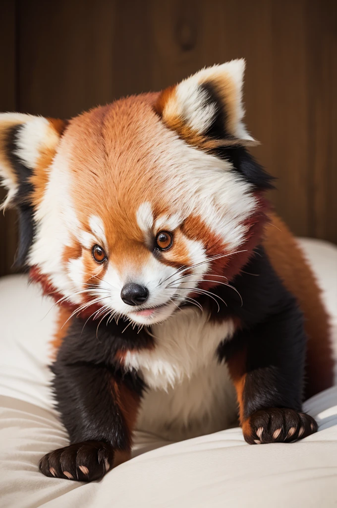 Make a sad Red Panda on a bed