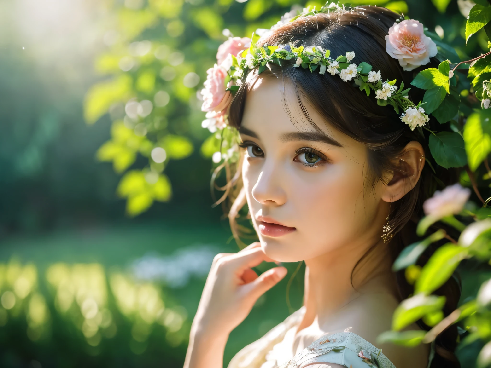 A girl in a garden,beautiful detailed eyes,beautiful detailed lips,extremely detailed eyes and face,longeyelashes,elegant dress,floral headpiece,petals,vines,flowers,lush greenery,nature,natural lighting,vibrant colors,fantasy,digital art,(best quality,4k,8k,highres,masterpiece:1.2),ultra-detailed,(realistic,photorealistic,photo-realistic:1.37),intricate details,soft focus,painterly,cinematic lighting